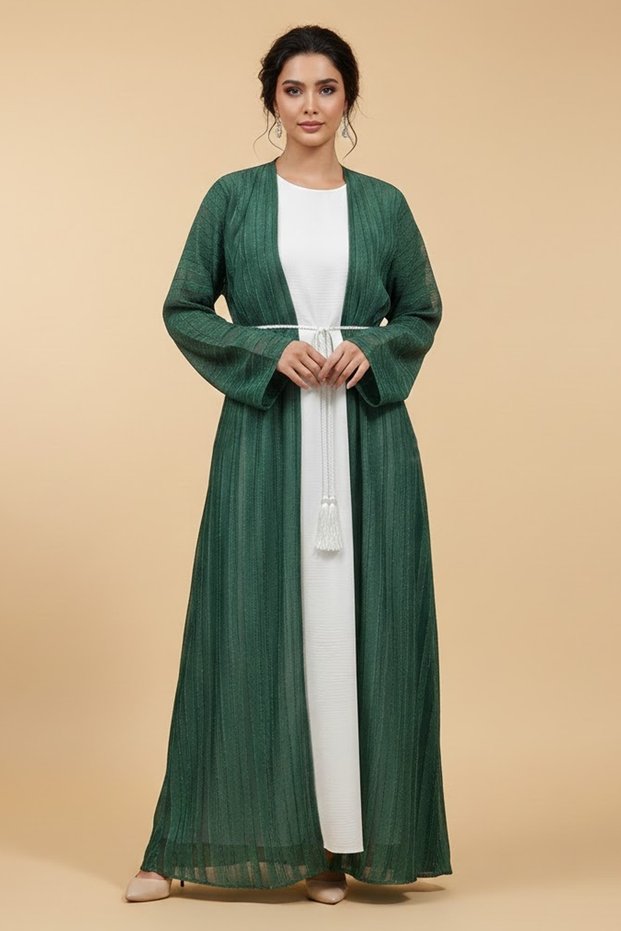 2 Pieces Vertical Dobby Stripe Women's Abaya With Inner Set Arabic Muslim Casual Abaya Girls Dress