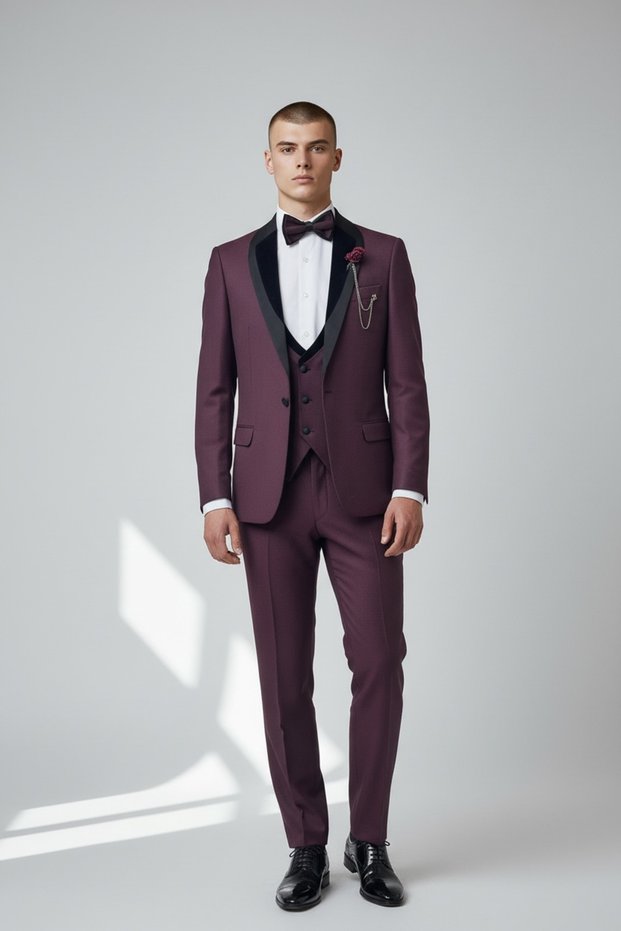 Men's Burgundy Slim Fit Shawl Collar Groom Suit 2026
