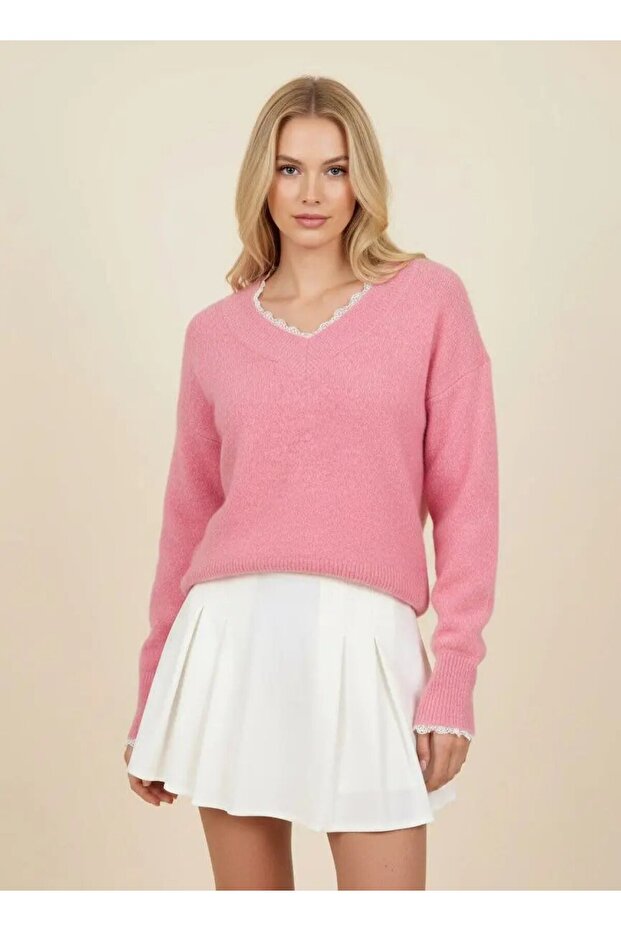 Women's V-Neck Lace Detailed Embroidered Knit Sweater 8716