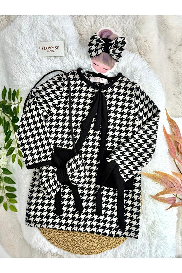 فستان بنقشة مخالب الغراب مع حقيبة - 1