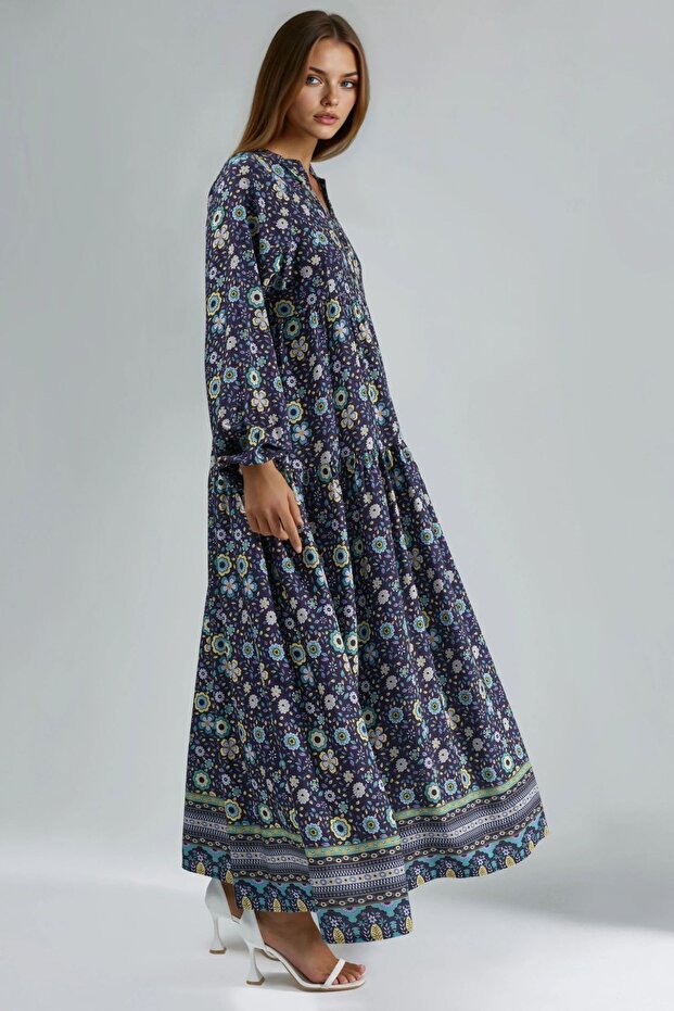 Düğmeli Baskılı V Yaka Modest Elbise - 5