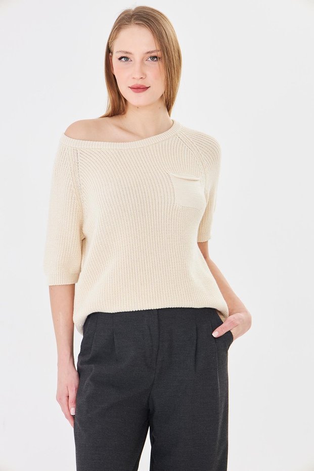 Women's 100% Cotton Boat Neck Thessaloniki Knit Short Sleeve Knitwear Blouse Summer/Spring Sweater 71813 Beige