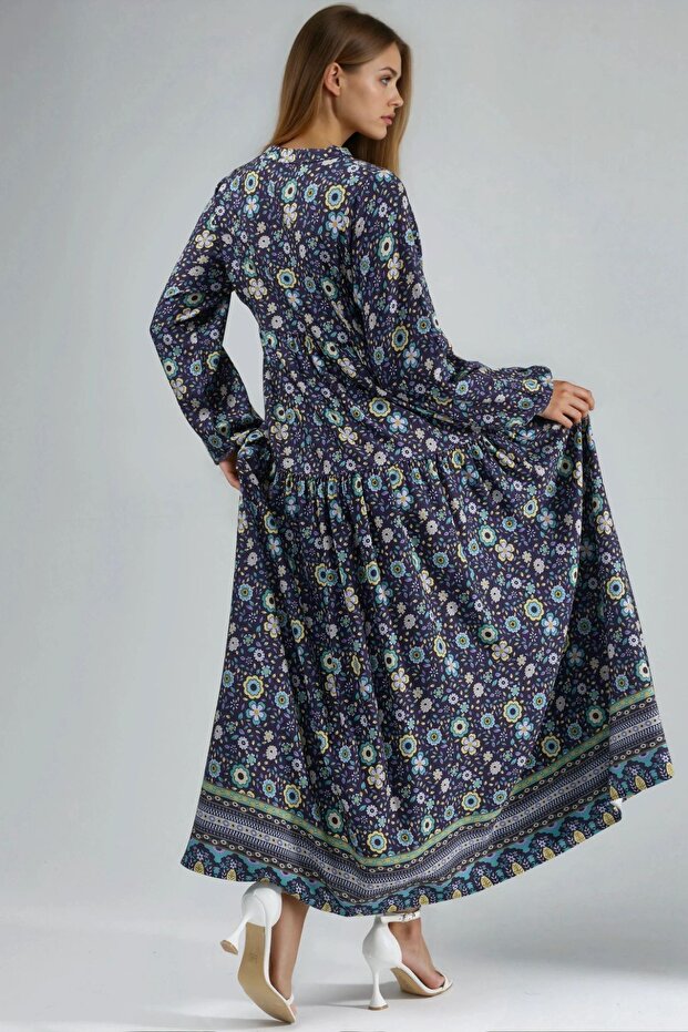 Düğmeli Baskılı V Yaka Modest Elbise - 4