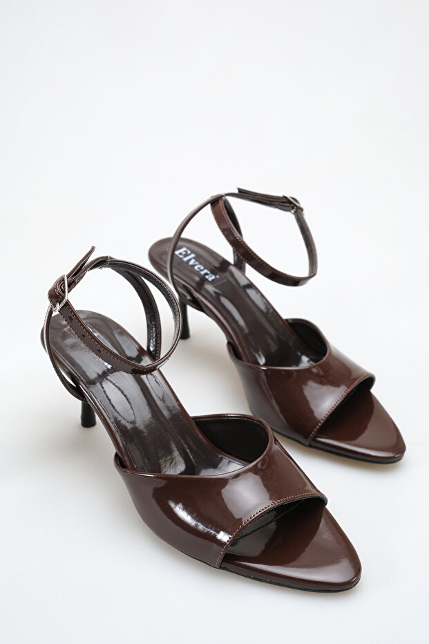 Women's Heeled Sandals Brown Patent Leather Pointed Toe Ankle Strap - Stylish Comfortable for Office and Evening