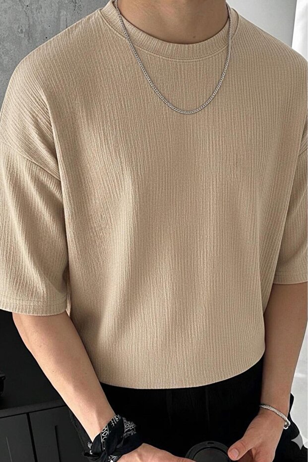 Men's Beige Textured Self-Patterned Oversize Fit Tshirt