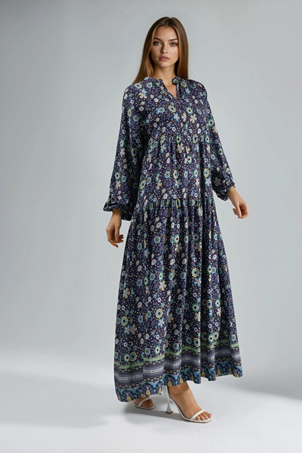 Düğmeli Baskılı V Yaka Modest Elbise - 8