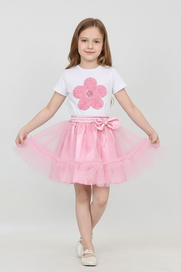 Girl's Pink Daisy T-Shirt Pink Elastic Waist Ruffle Skirt Set April 23 Show Outfits