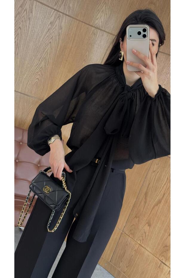 Bağlamalı Siyah Bluz - 2