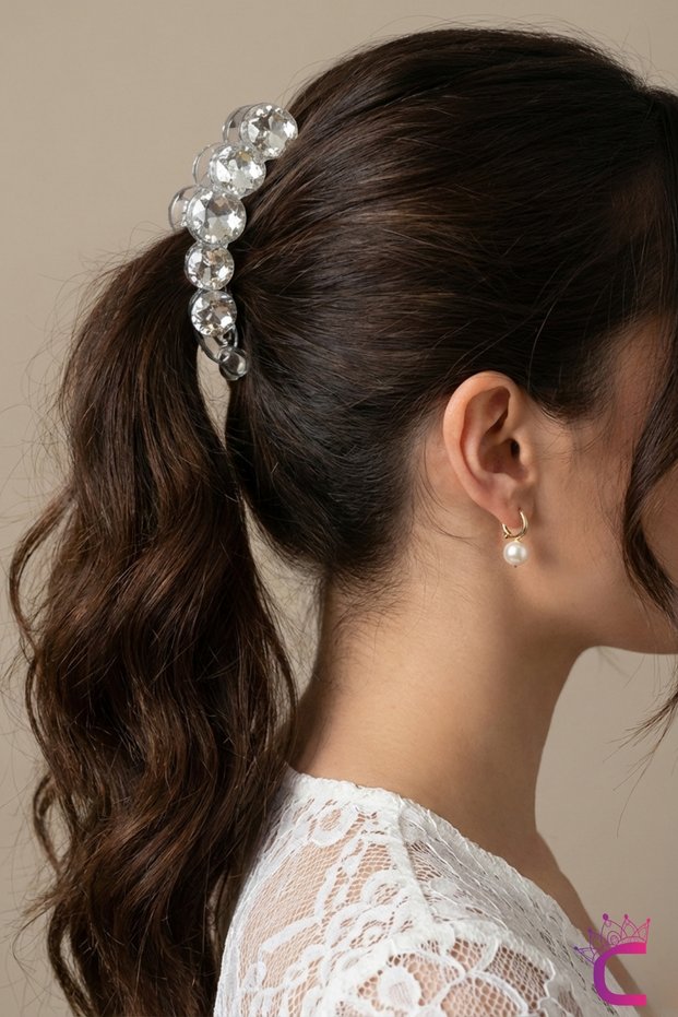 Effortless Chic Rhinestone Stone Banana Hair Clip Silver 10cm - Non-Slip Toothed Snap Closure Hair Clip