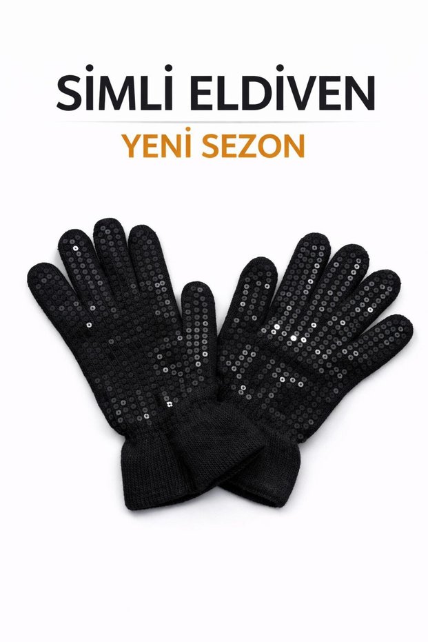 Women's Sequin Gloves New Season Stylish Design Shiny Detailed Winter Knitwear Gloves