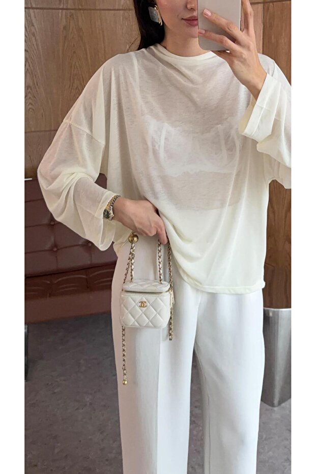 Ekru Basic Transparan Bluz - 2