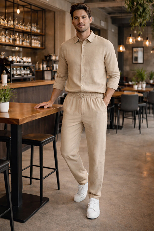 Men's Beige Oversize Linen Suit Loose Cut Shirt and Trousers Summer Combination