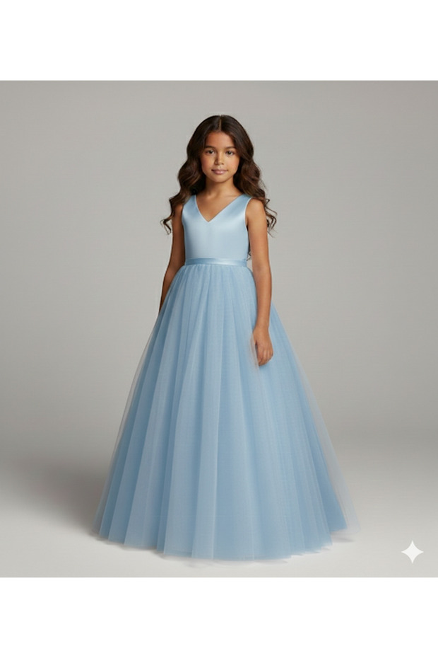 Girl's Blue Tulle Skirt with Bow on the Back Princess Dress, Girl's Graduation Dress, Evening Dress