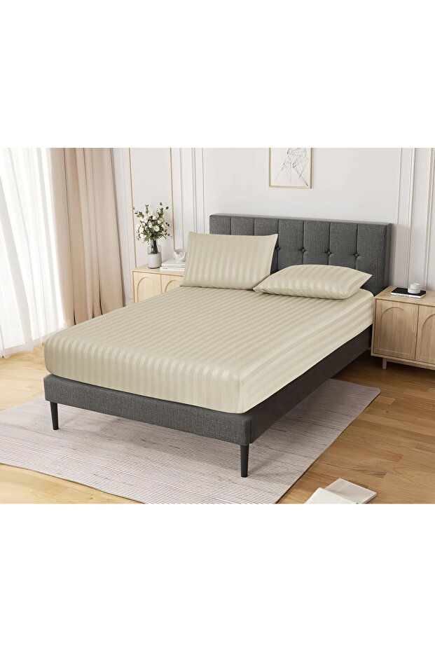 Striped Fitted Sheet Set 200x200 cm Super King – 1 Fitted Sheet + 2 Pillowcases, 35cm Deep