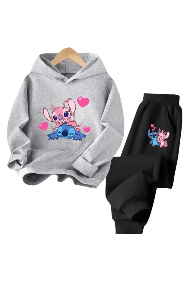 Stitch Printed Hooded Top and Bottom Tracksuit Set