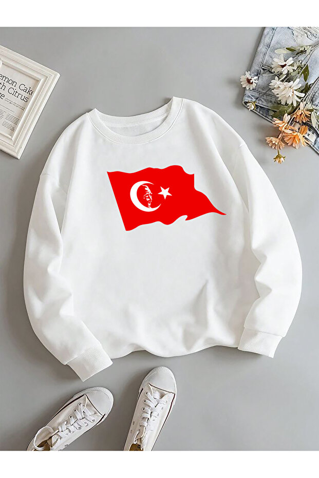 Turkish Flag and Ataturk Printed Unisex Cotton Crew Neck Sweatshirt