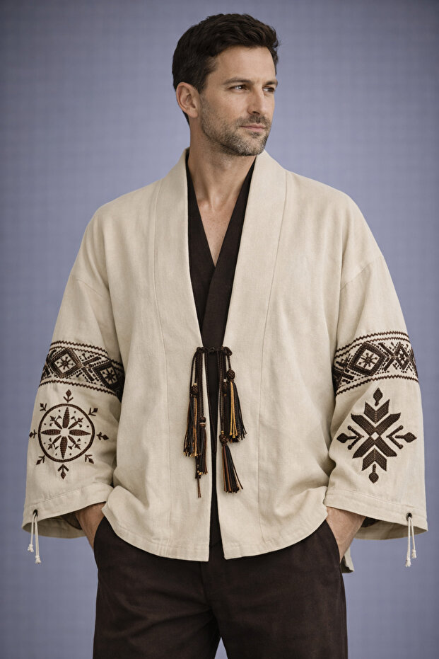 Ethnic Patterned Printed Men's Kimono Jacket – Tassel Detail, Natural Fabric