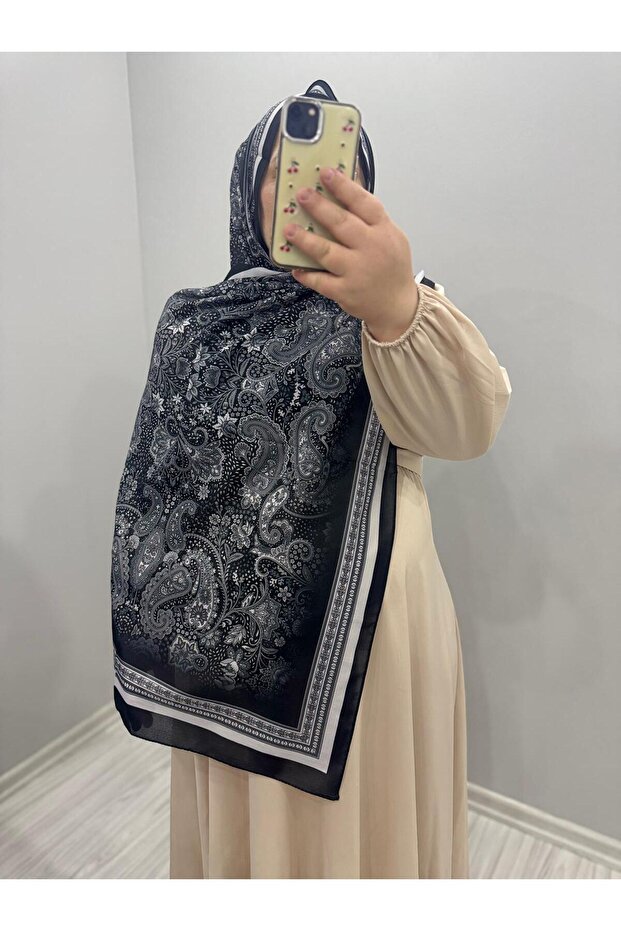 Batik Çiçek Desen Bambu Şal Siyah - 1