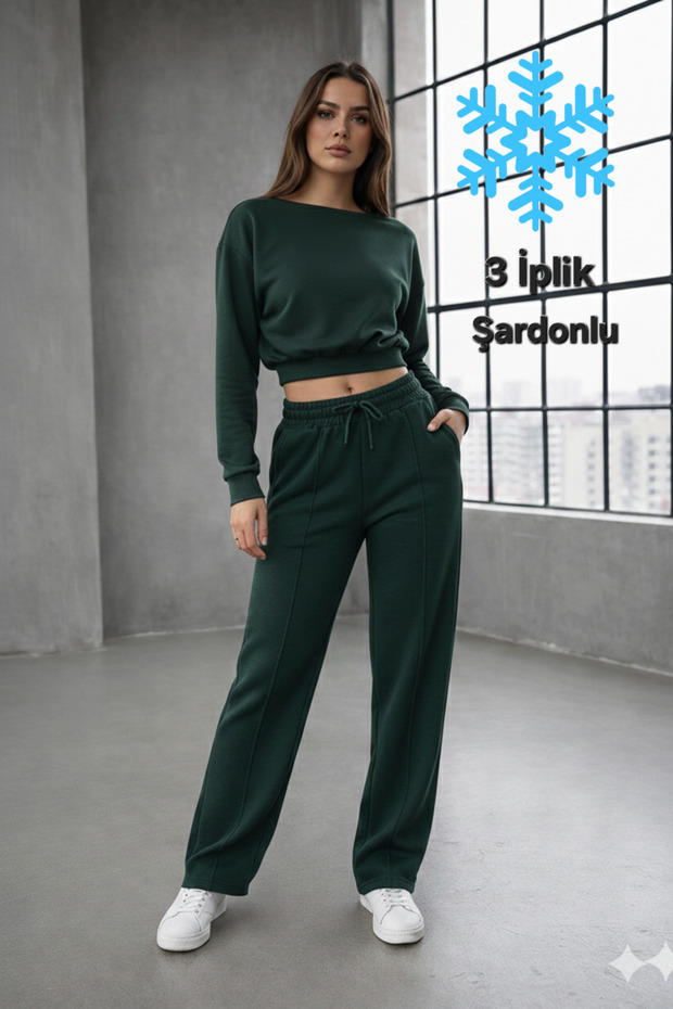 3-Thread Fleece Detailed Front Stitching Striped Wide Leg Green Women's Sweatpants