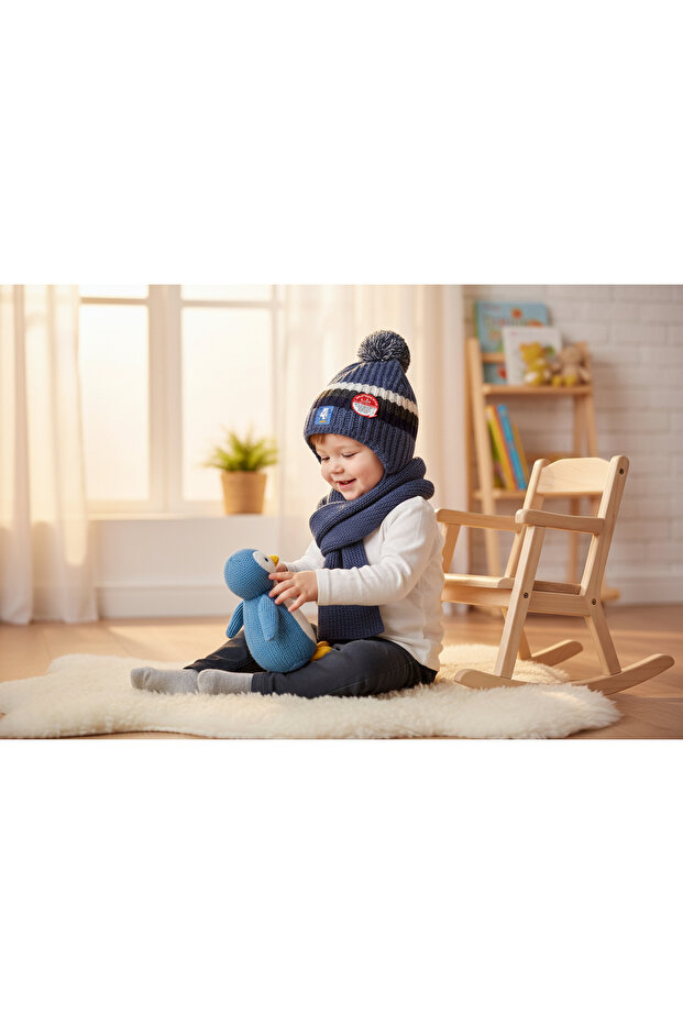 Baby Knitted Beanie Scarf Set with Pompom, Fleece Lined Navy Blue 12-24 Months 1-2 Years