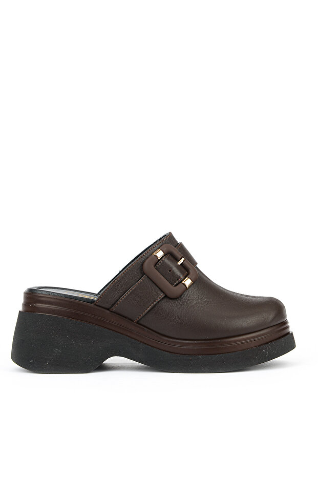 , Women's Genuine Leather Heeled Slippers 161992Z64030 Brown