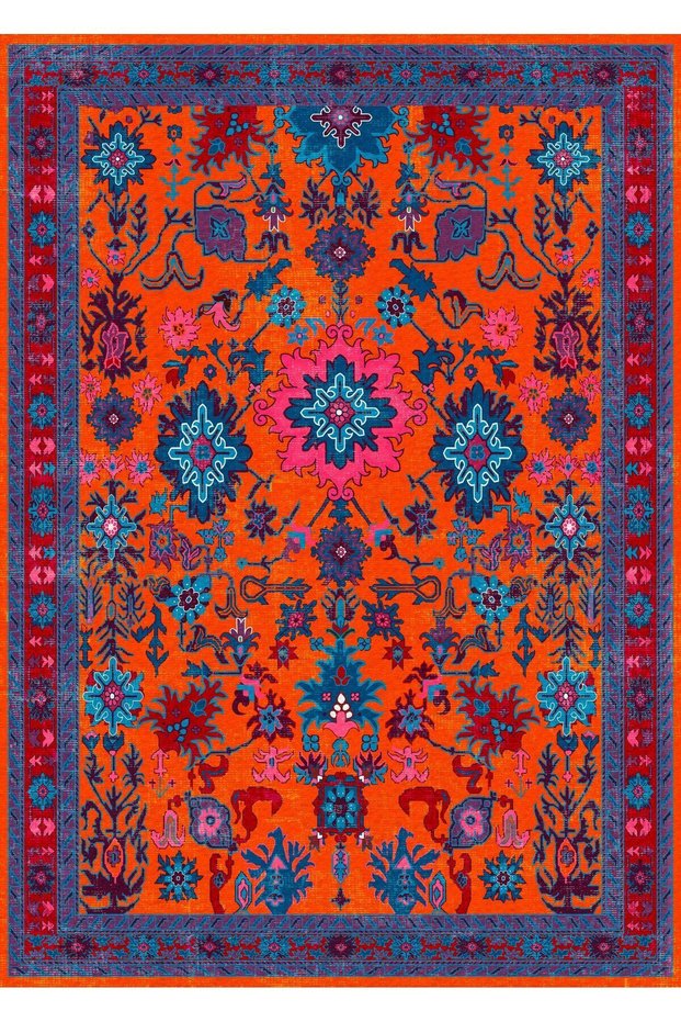 Ethnic Patterned Orange Purple Vintage Woven Base Digital Printed Carpet Mira 1380