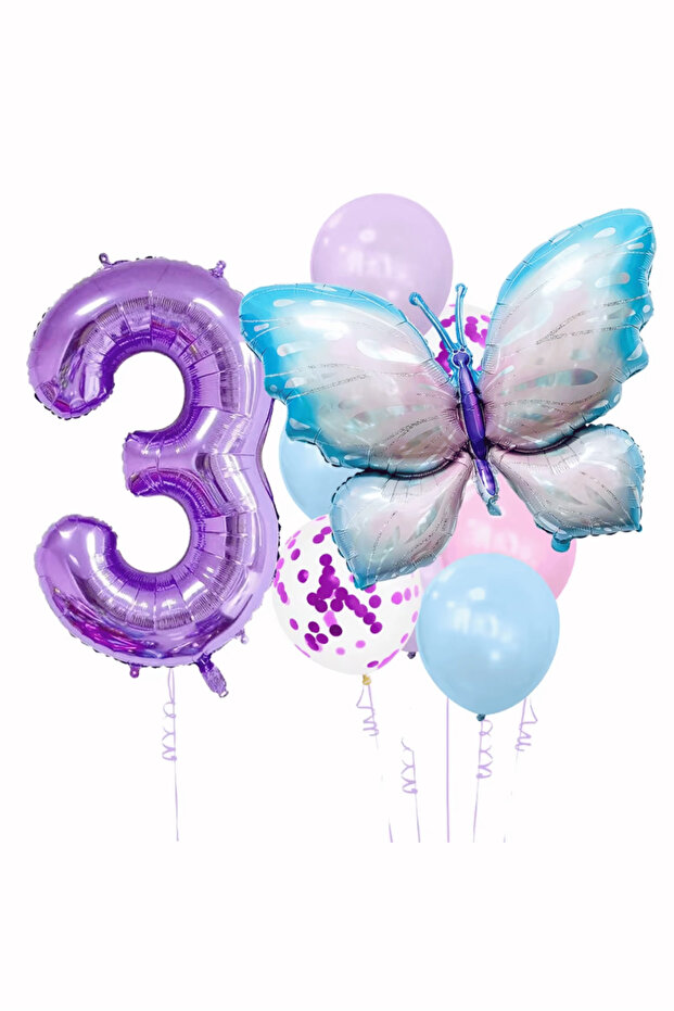 3 Year Old Purple Number Butterfly Themed Balloon Set Decoration