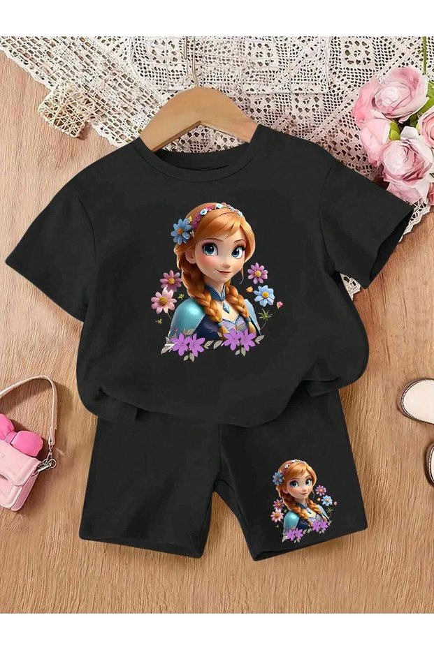 Summer Blonde Hair Braided Girl Printed Girl's Black Bottom-Top Shorts T-Shirt Set
