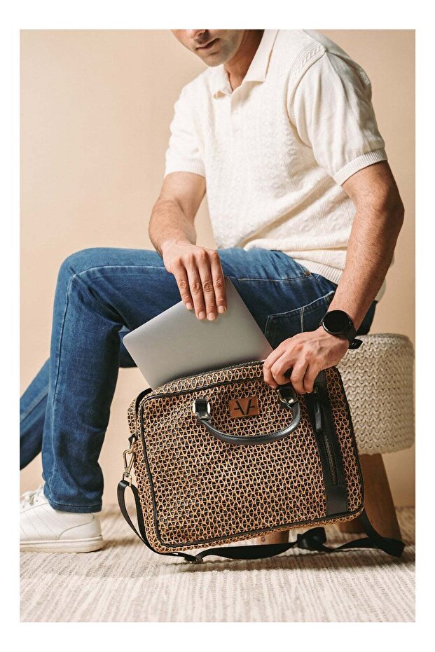 Cocoa Raffia Lightweight Sustainable Laptop Bag