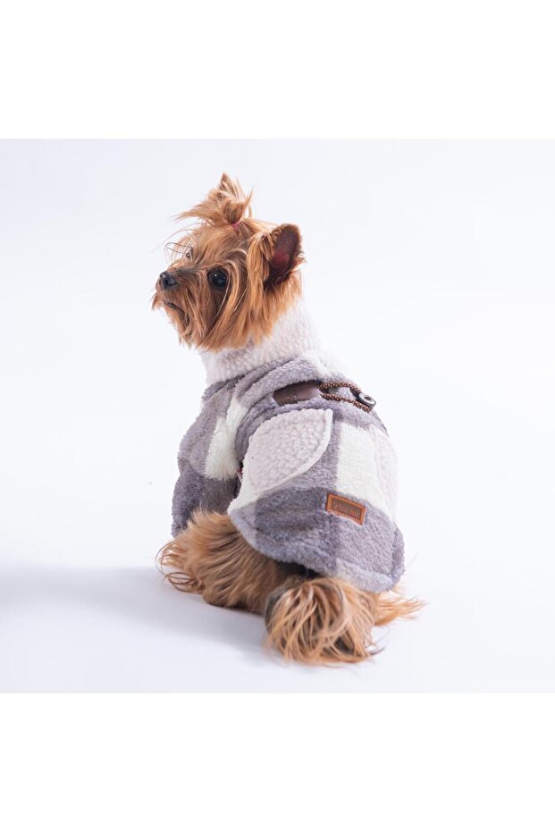 Gray Chicago Checks V2 Plaid Pattern Buttoned Dog Coat Thick Plush Dog Outfit Cat Outfit