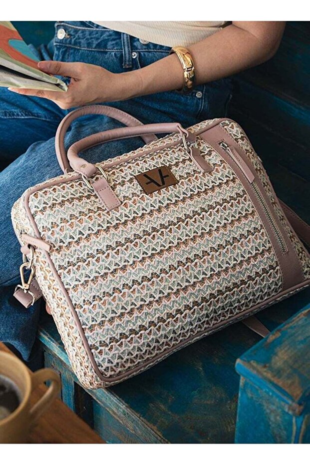 Blush Bloom Raffia Lightweight Sustainable Laptop Bag