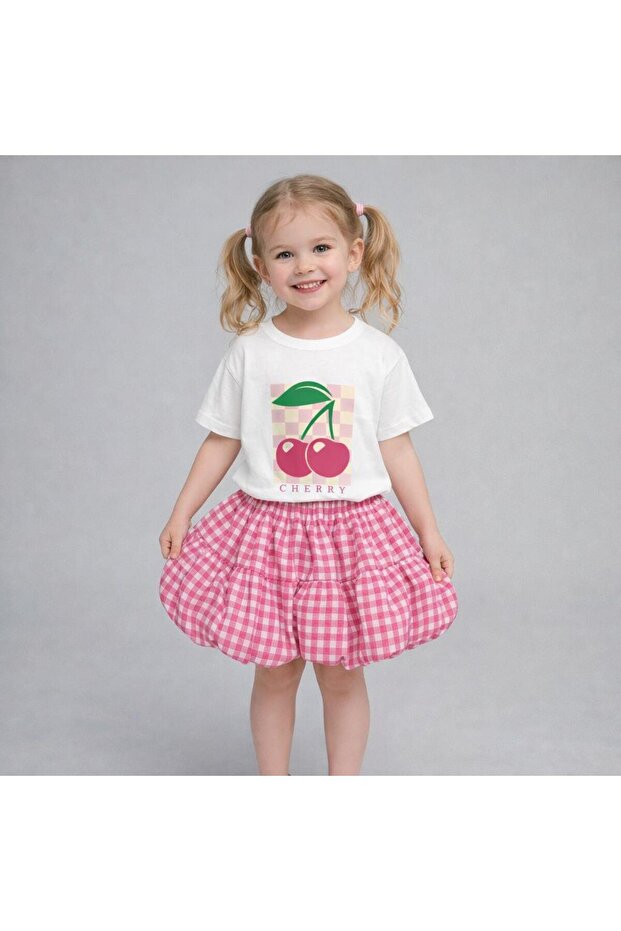 Girl's Cherry Print T-Shirt and Pink Gingham Skirt Set