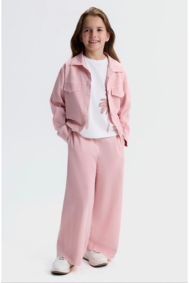 Li̇mi̇ Girl's Soft and Flexible Linen Jacket and Loose Pants 2-Piece Set