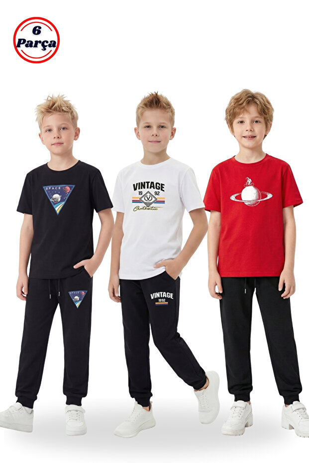 3-Pack Crew Neck Printed Detail Men's Detailed 6-Piece Boys' Top and Bottom Set