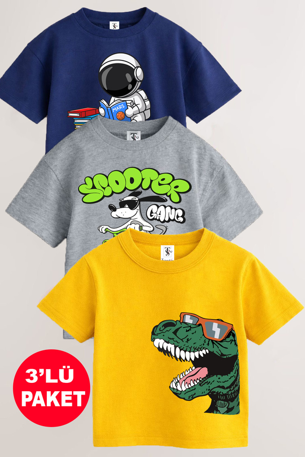 twins tailors Astronot-Dinazor-Scooter Baskılı 3'lü Paket Unisex Gri-Lacivert-Sarı Çocuk T-Shirt