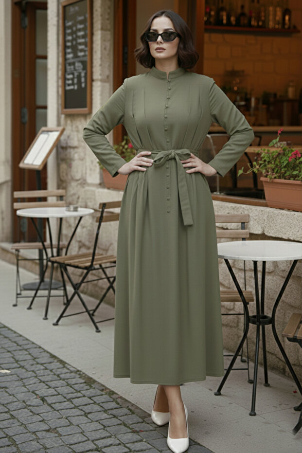 Buttoned Hijab Dress N7204 Khaki