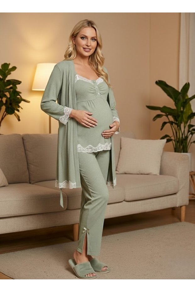 New Season Green Ribbed Thin Strap Design Maternity Dressing Gown, Shorts, Pajama Set, 4-Piece Set