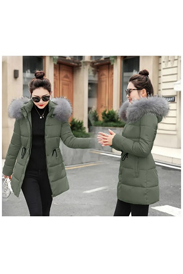 Kurtka puchowa damska z długim futrzanym kołnierzem i zimowym kołnierzem - 1