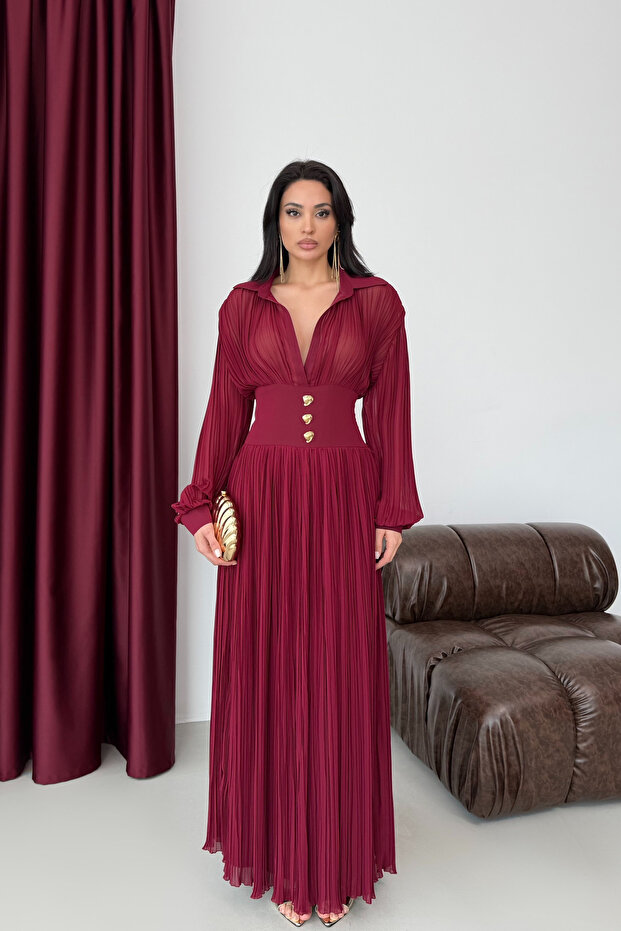 Burgundy Pleated Chiffon Dress with Gold Button Details