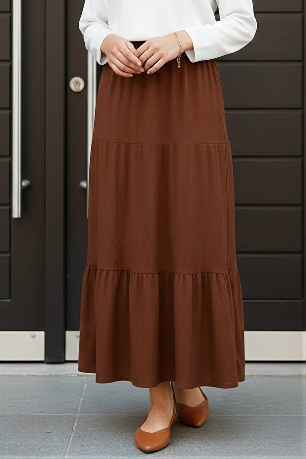 Tan Skirt with Layered Elastic Waist and Draped Design