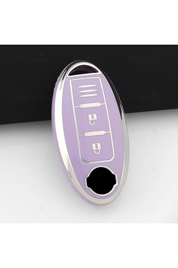 Nissan Compatible Juke, Qashqai, X-Trail, Micra, Pulsar, Note, Tiida, Altima Silver Edge Tpu Key Case Cover (Lilac)