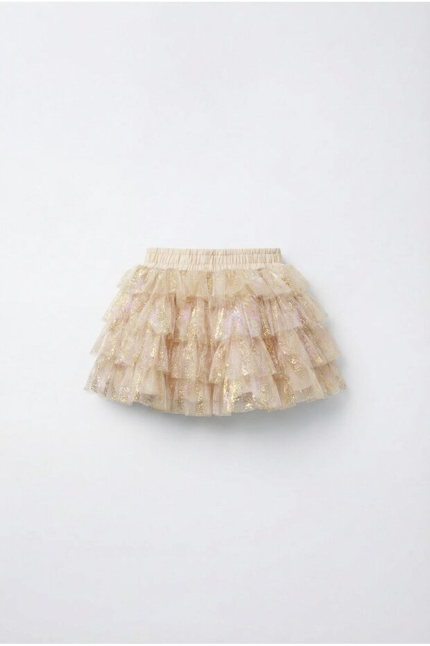 Girl's Cotton Lined Ecru Glittery Tulle Skirt