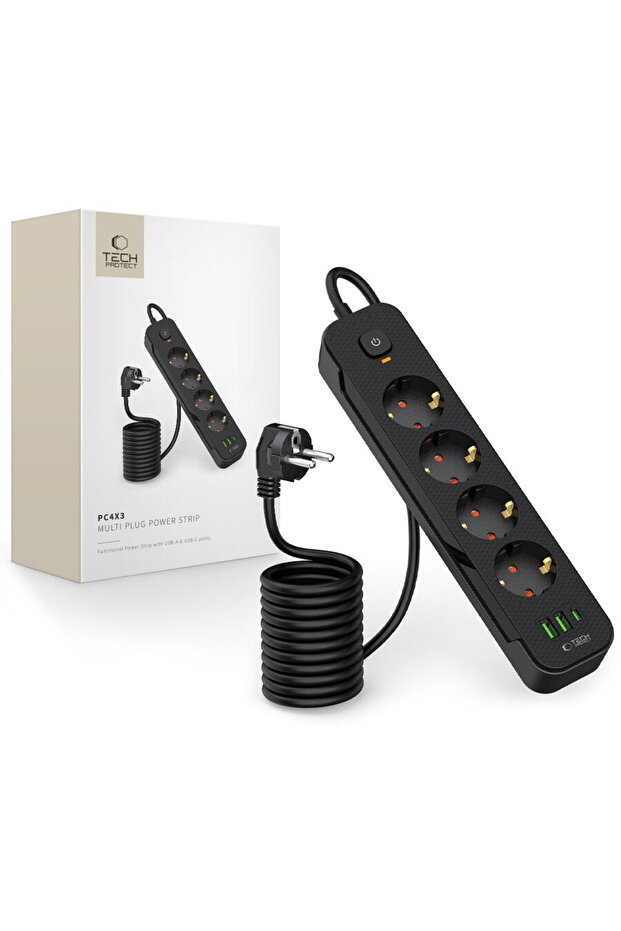 PCL4X3 POWER SOCKET LONG 2 USB & 1 TYPE-C & 4 SOCKET 200CM BLACK