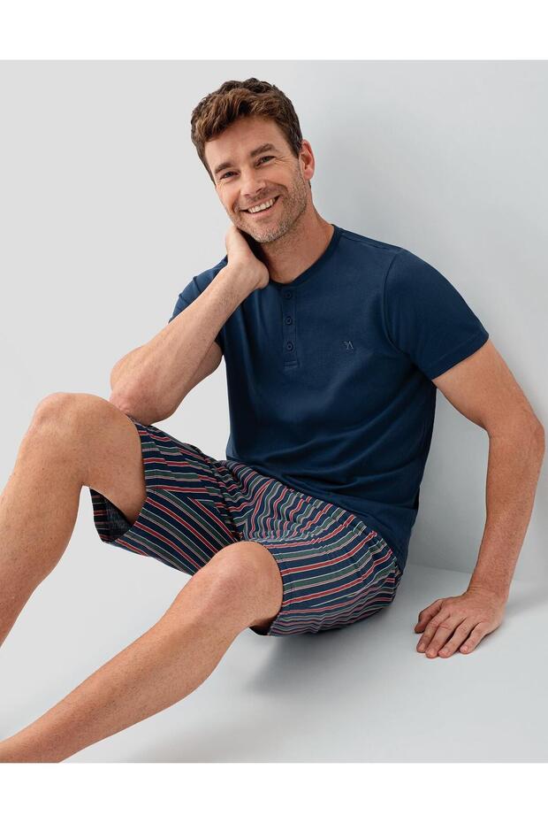 Men's 100% Cotton 3-Piece Pajama Set – Short Sleeve Top + Long Pants with Pockets + Shorts with Pockets