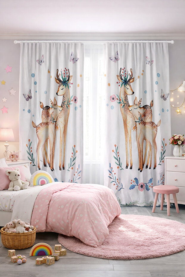 Baby Kids Room Double Winged Background Curtain with Mother and Baby Deer Pattern