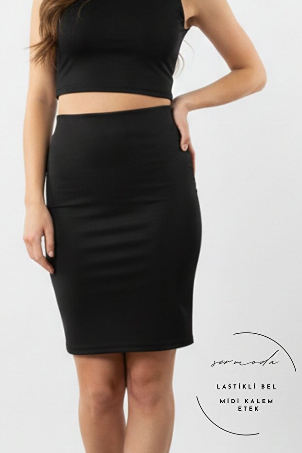Pencil Skirt - Slim Fit Midi Pencil Skirt with Elastic Waist Ks Black