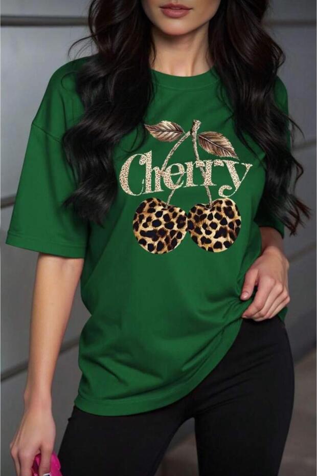 Gold Cherry Women's Oversize Front Printed Crew Neck Cotton T-Shirt Relaxed Fit