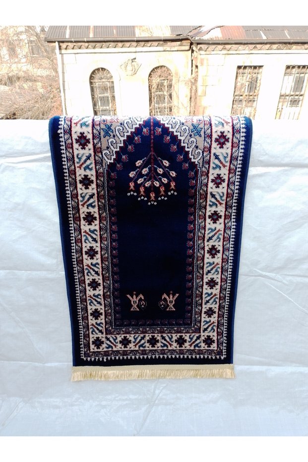60X115 cm Single Magnificent Navy Blue Prayer Mat, Silky-Like Shiny Colored and Soft Prayer Mat