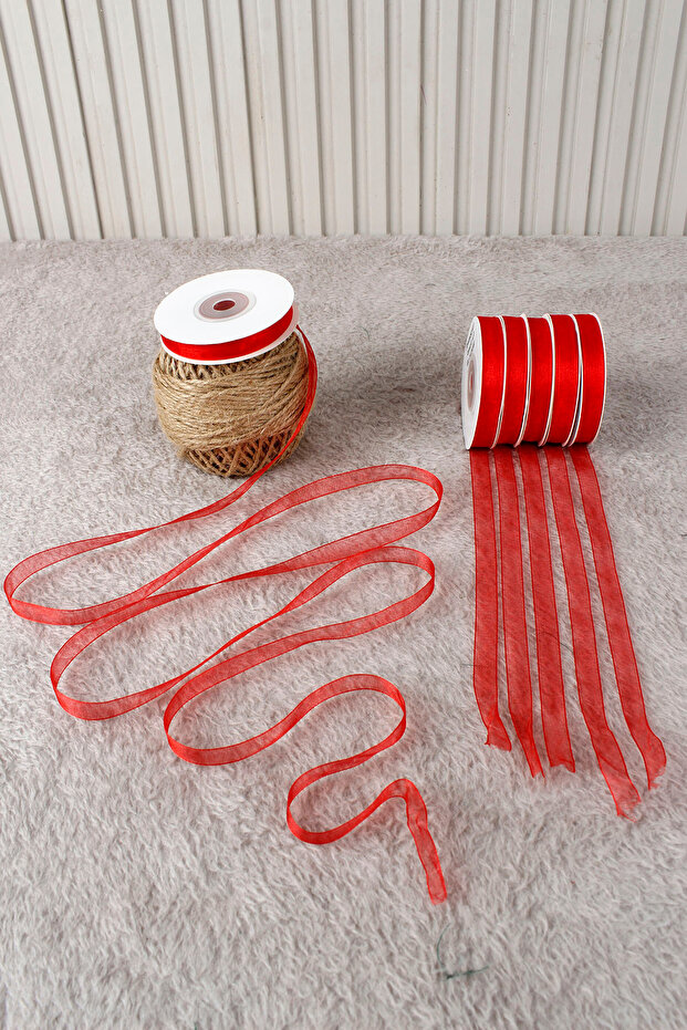 Red Organza Tulle Ribbon 1 cm 22 Meters - Bundle, Wedding, Engagement, Dowry, Gift, Decoration, Party
