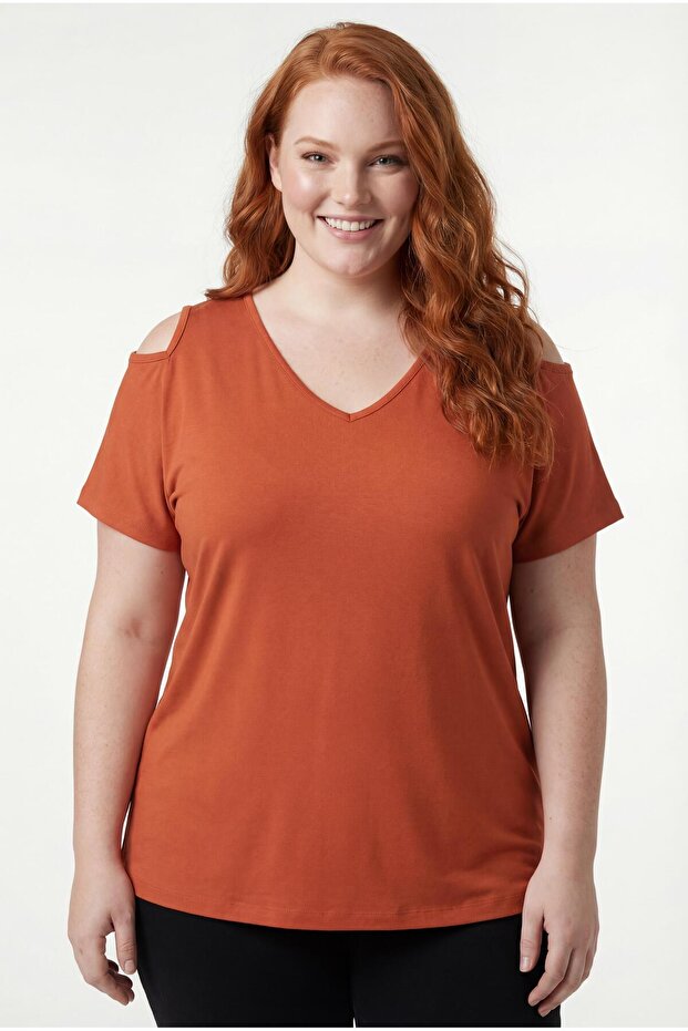 Women's Plus Size Off-The-Shoulder V-Neck Viscose Orange T-Shirt – Front and Back V-Neck